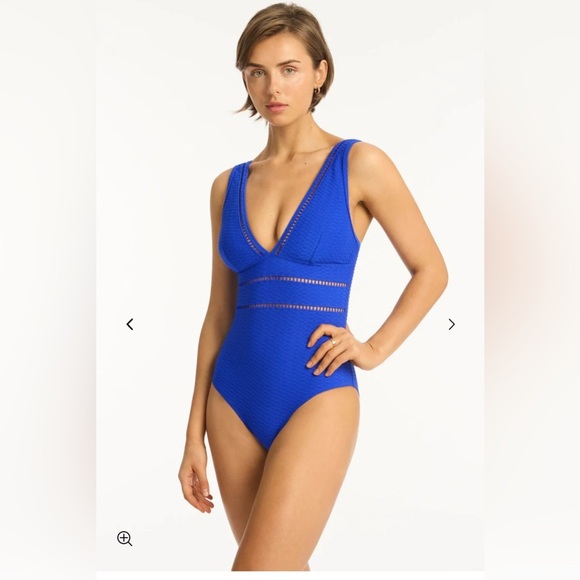 Cobalt Blue One-Piece Swimsuit with Plunging V-Neckline - Picture 1 of 8